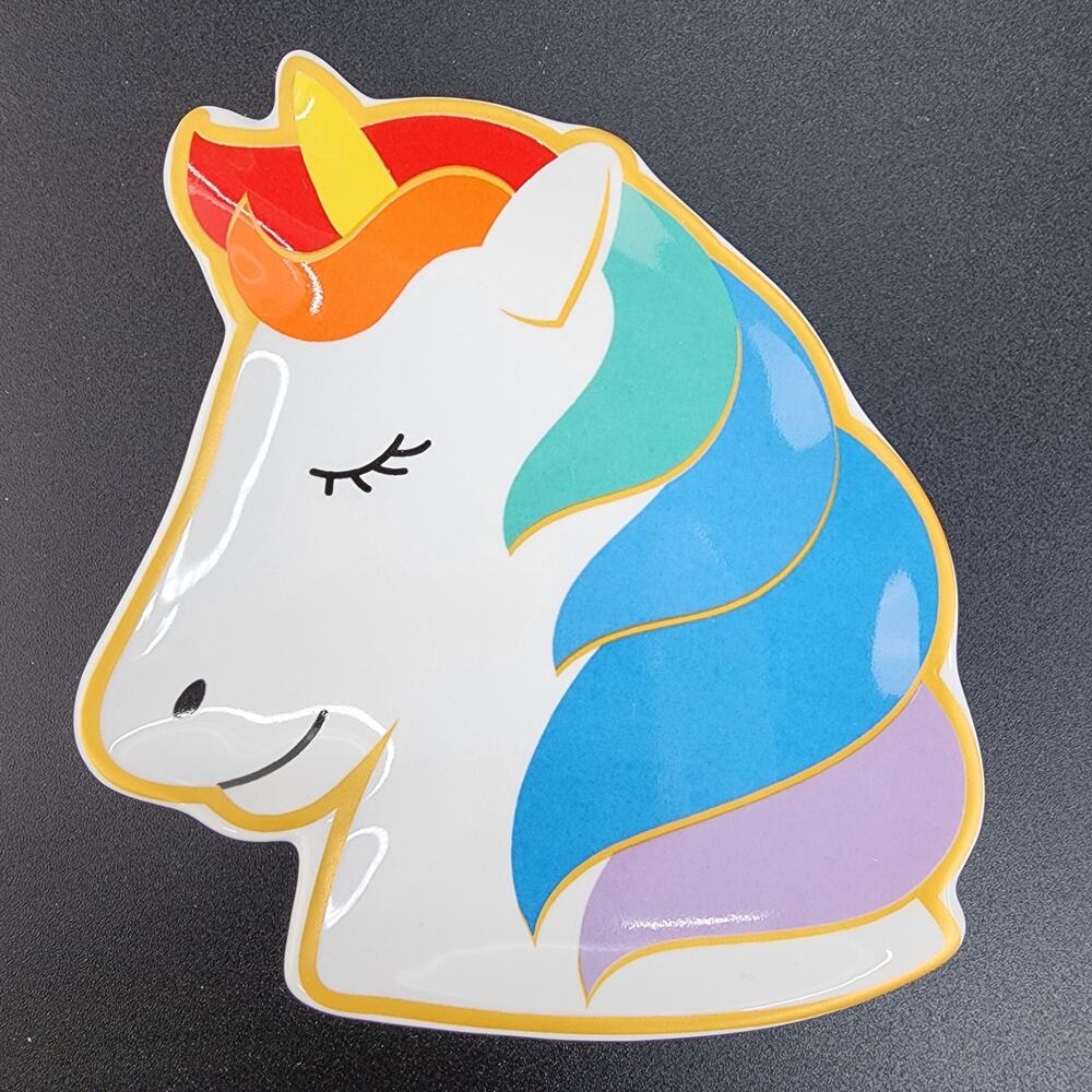 Rainbow Unicorn Trinket Dish Catchall Jewelry Tray White Ceramic 4.5" Pride Gold